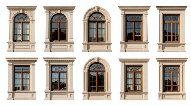 Assorted window designs showcase classic architecture. Beige, brown tones create warm aesthetic. Rectangular plus arched frames offer variety. Elegant style suits interior design projects building