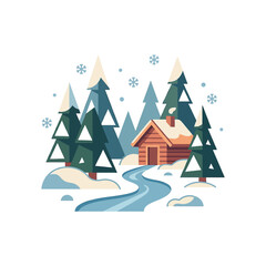 Obraz premium The Image Is An Illustration Of A Winter Scene With A Small Wooden Cabin