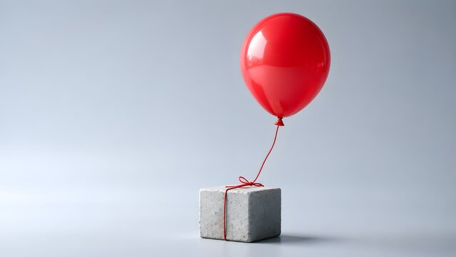Red balloon pulling against heavy concrete block visualizing economic inflation burden and business growth limitations