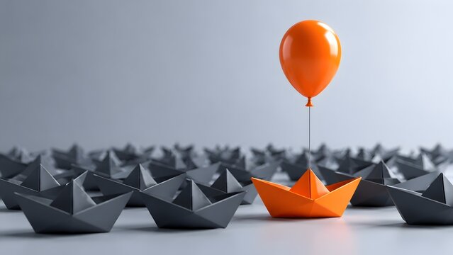 Orange paper boat lifted by balloon rising above dark fleet representing market differentiation and strategic elevation
