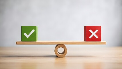 Fototapeta premium Balanced wooden scale weighing a green check mark against a red cross representing ethical business decisions and choices