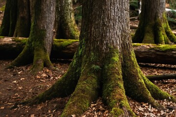 Obraz premium Old forest trees with green moss on roots and trunks. Fallen logs and dry leaves cover the ground in this quiet, wild woodland scene. Nature growth pattern thrives.