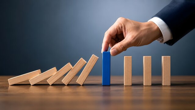 Corporate risk mitigation strategy showing a hand placing a blue barrier to stop a falling domino chain reaction