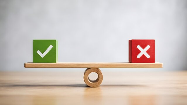 Balanced wooden scale weighing a green check mark against a red cross representing ethical business decisions and choices