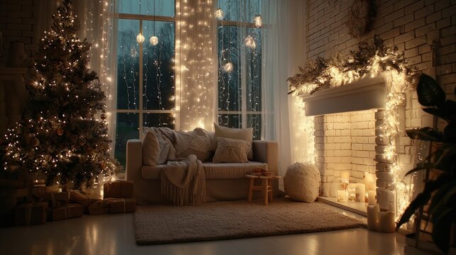 Cozy interior with decorated tree and glowing lights, festive atmosphere
