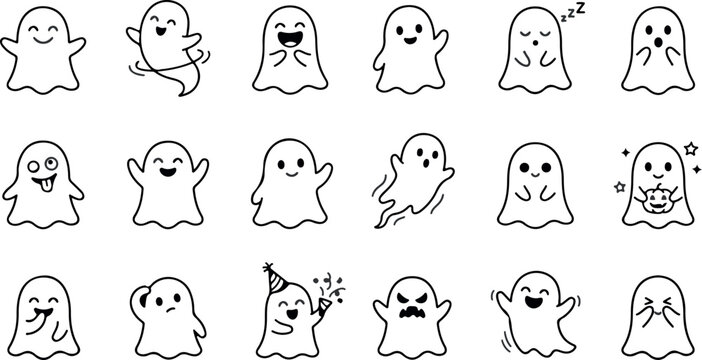A set of 18 cute cartoon ghosts with different emotions and expressions for halloween or decoration