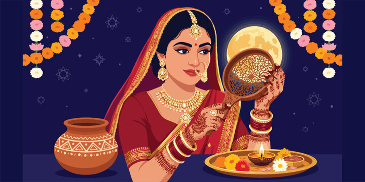 Beautiful Karwa Chauth Festival Night Illustration of Traditional Indian Woman Viewing Moon Through Sieve with Diya Thali Mehndi Jewelry and Festive Floral Garlands
