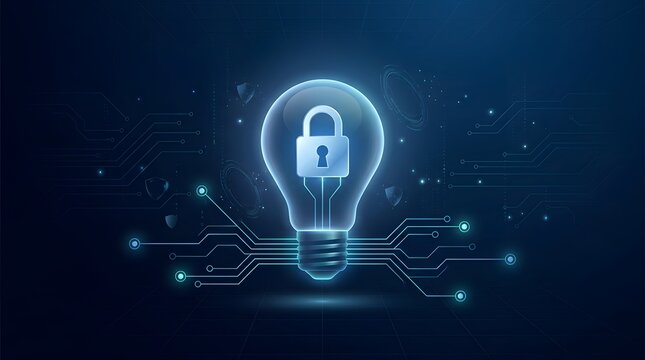 Cyber security intellectual property protection concept showing glowing blue padlock inside lightbulb on digital circuit background