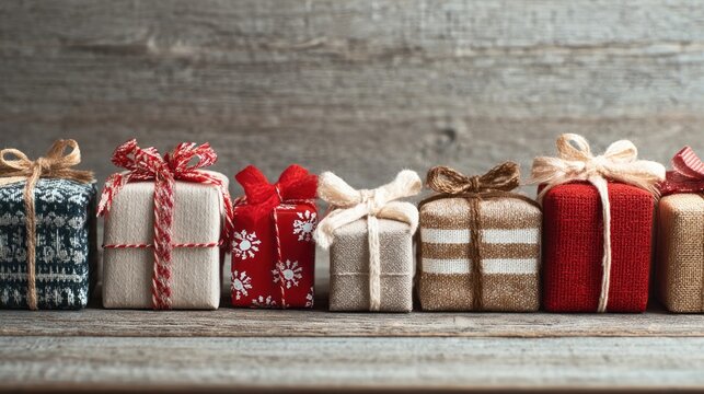 Festive Christmas gifts, presents boxes in a row, webp.