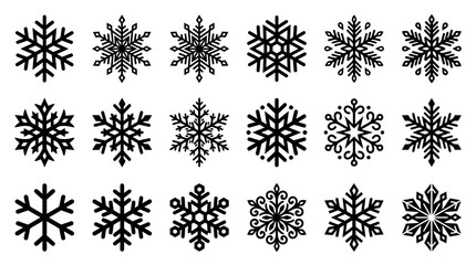 Diverse black snowflake vector icons for seasonal graphics. © Ria