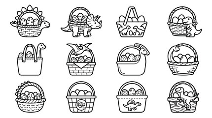 Dinosaur easter egg baskets line art illustration set. © Ria