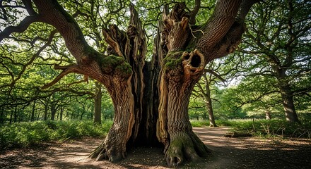 Fototapeta premium Ancient Large Tree with Thick Trunk and Lush Green Foliage in Forest.