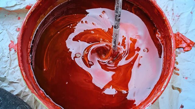 Mixing a red paint in a construction site for paint renovation with a drill. Nice color effect.  