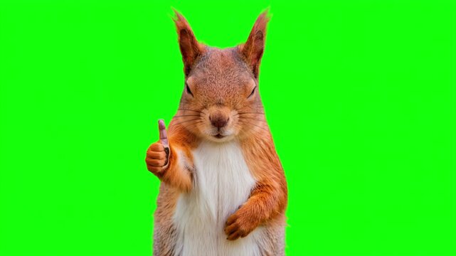 Realistic 3D squirrel giving thumbs up gesture with subtle smile, isolated on chroma key green screen background. Real animal character. Photorealistic.	
