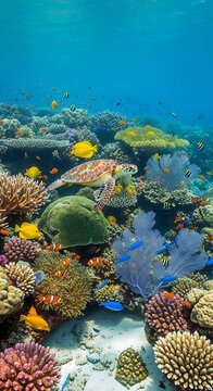 Vibrant Coral Reef Ecosystem with Diverse Marine Life.