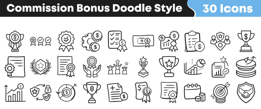 Set of thirty hand drawn commission bonus doodle style icons