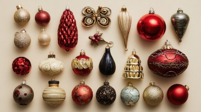 Flat lay of assorted holiday ornaments