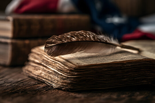 Constitution and quill dance on a wooden stage beside legal books and a folded flag.
