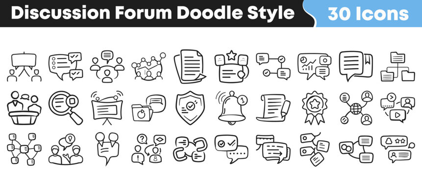 Set of thirty hand drawn discussion forum doodle style icons
