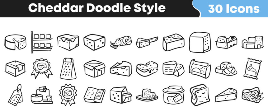 Hand drawn collection of various delicious cheddar cheese doodle icons