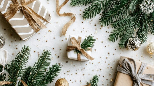 Flat lay of holiday decorations with ribbons, gift boxes, fir branches, and sparkles