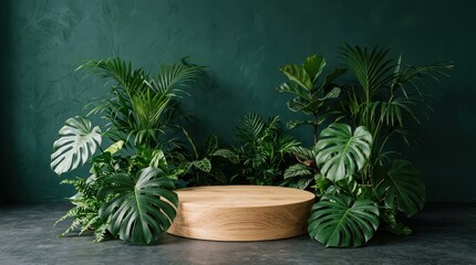 Fototapeta premium Empty wooden podium with green tropical leaves in dark room