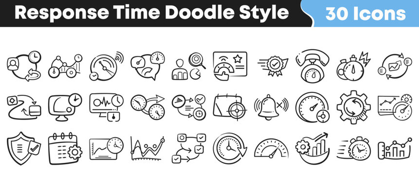 Collection of thirty hand drawn response time doodle style icons