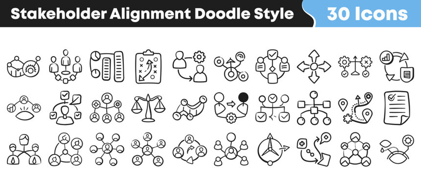 Thirty hand drawn stakeholder alignment icons in a doodle style