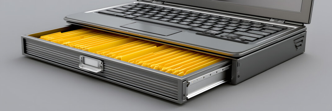 Laptop with an integrated metal filing cabinet drawer containing organized yellow document folders, representing digital data storage and efficient information management systems