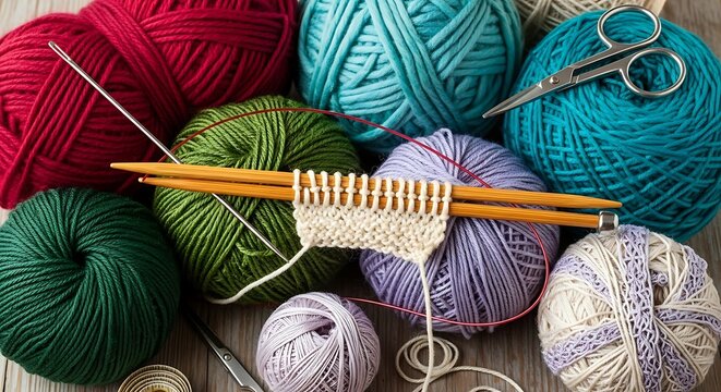 Colorful Yarn Balls with Knitting Needles and Scissors.