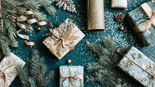 Flat lay of holiday decorations with ribbons, gift boxes, fir branches, and sparkles