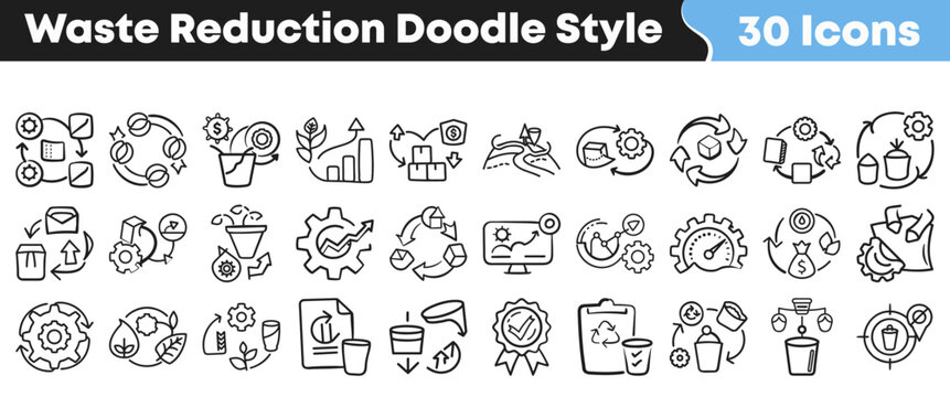 Hand drawn doodle style icons depicting waste reduction and sustainability