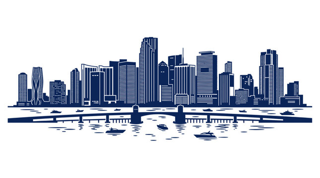 Miami Skyline Silhouette with Bridge and Boats on Water - Blue and White
