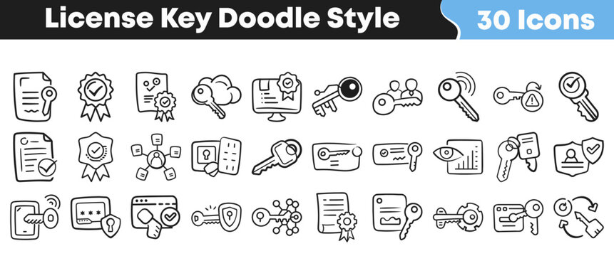 Set of thirty hand drawn license key icons for software