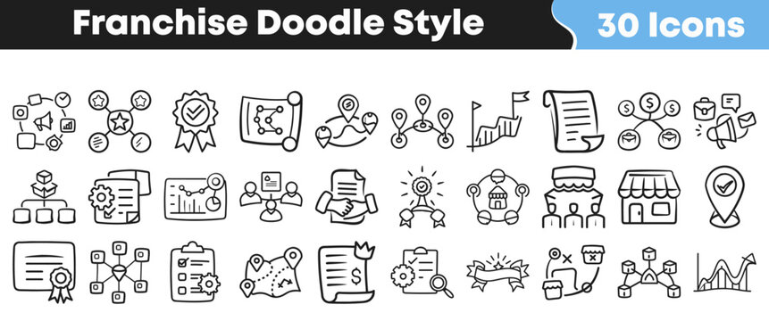 Collection of thirty hand drawn franchise icons for business development