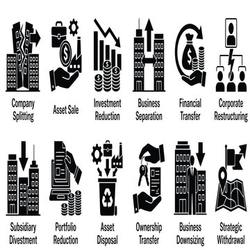 Business divestment and restructuring icon set with text labels including company splitting asset sale investment reduction and business separation.