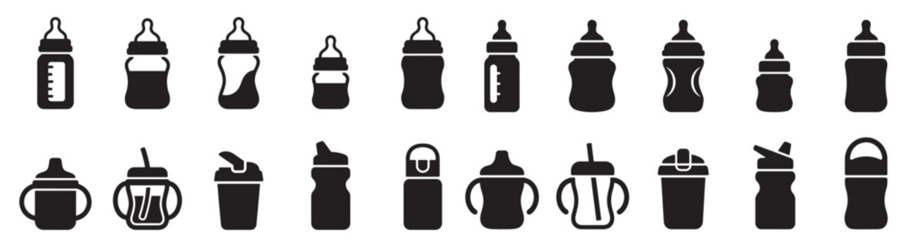 Baby Bottle and Sippy Cup Icons Set &mdash; Infant Feeding Bottle Silhouettes for Design and Parenting