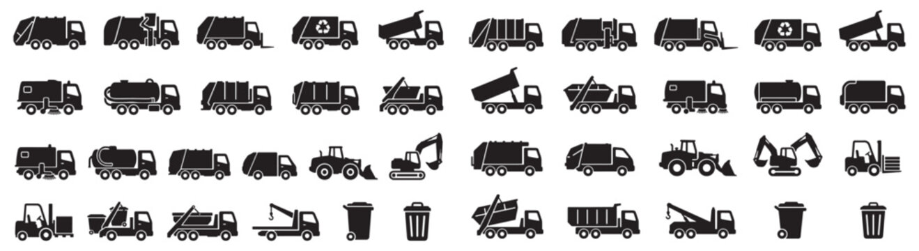 Garbage Truck And Waste Collection Vehicle Silhouettes Icon Set For Recycling And Sanitation