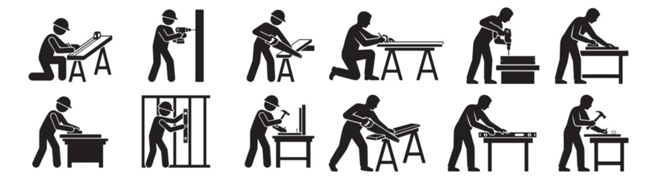 Carpentry Workers Silhouettes Using Tools Woodworking Workshop DIY Construction Set