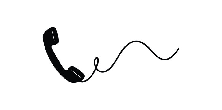 Black silhouette of a vintage telephone handset with a long coiled cord extending to the right isolated on a white background