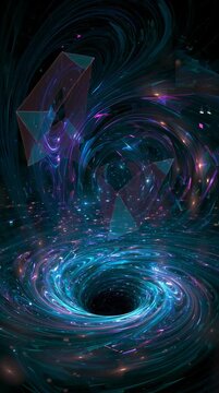 Abstract futuristic background featuring a deep black hole vortex surrounded by shimmering neon blue and purple cosmic swirls, glittering stars, and floating transparent geometric prisms.
