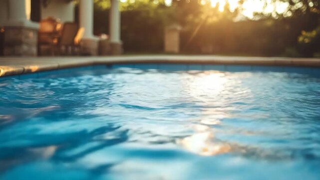 A swimming pool with blue water reflecting sunlight.