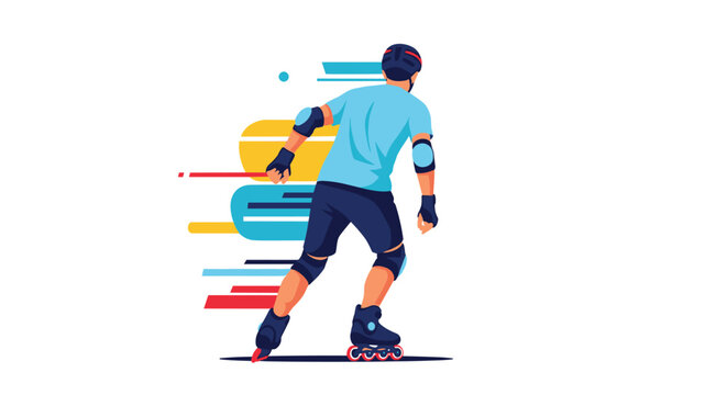 rollerblader seen from behind skating with great speed on a path with colorful motion lines and abstract shapes indicating fast movement.