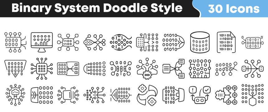 Thirty hand drawn binary system icons featuring digital computer code