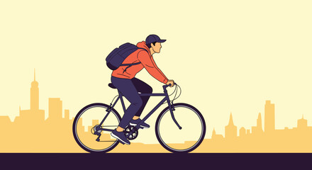 Fototapeta premium Young man cycles through the city streets at sunset with a backpack on his back and the urban skyline visible in the background.
