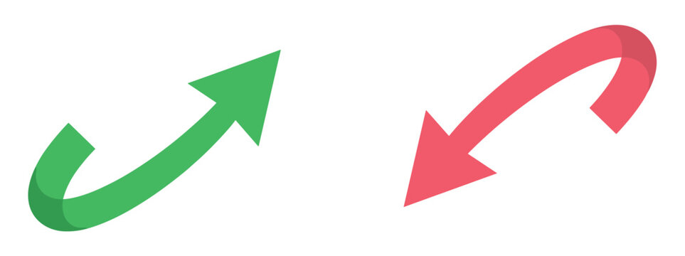 Green curved arrow pointing upward and red curved arrow pointing downward isolated on a white background