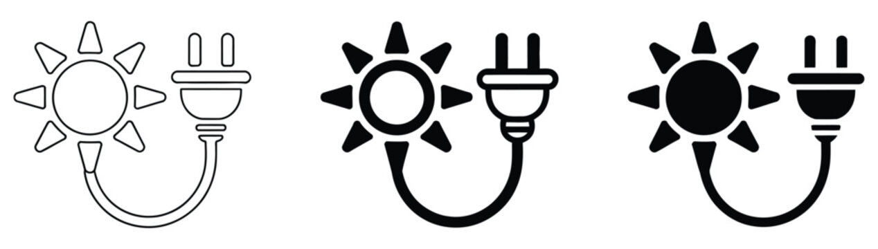Solar energy vector icons with sun connected to electric plug symbols for clean power, green technology and renewable resource design projects, vector, designs