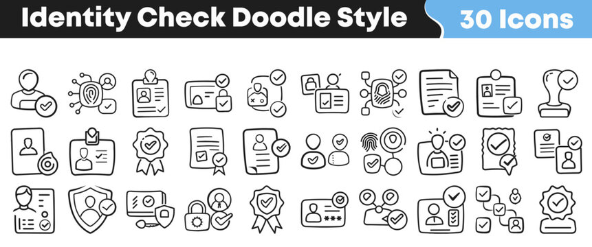 Hand drawn doodle style icons representing identity verification and security