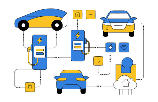 Electric vehicle charging infrastructure infographic showing modern car connectivity and sustainable energy power network