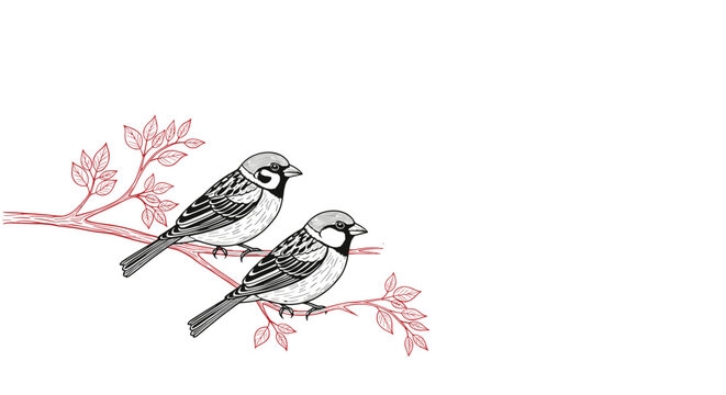 Two sparrows perched together on a branch with small red leaves, illustrated in a detailed and classic hand-drawn style on a white background.